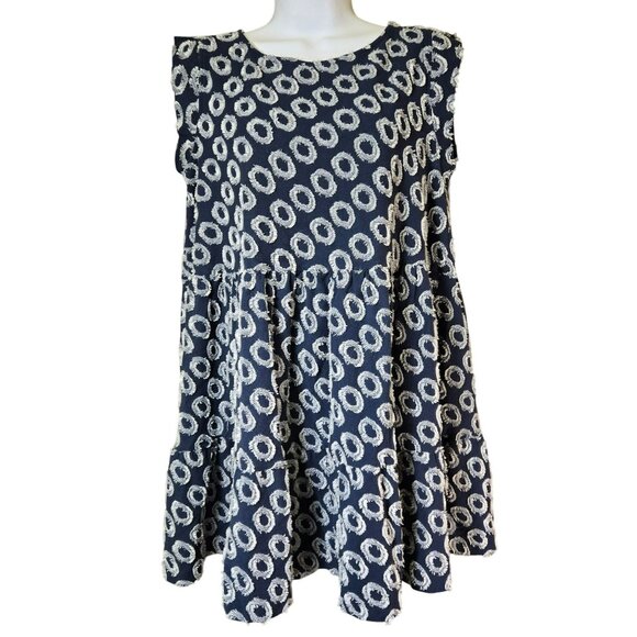 Maeve Anthropologie Lisanne Textured Navy Ivory Tunic Dress Sz S Frayed Circles - Picture 3 of 15
